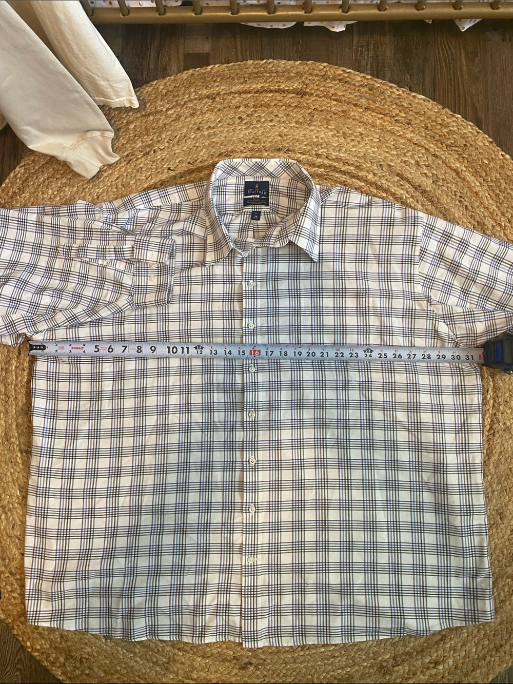 Stafford Men's White Shirt with Blue Plaid Big and Tall 20. 38-39